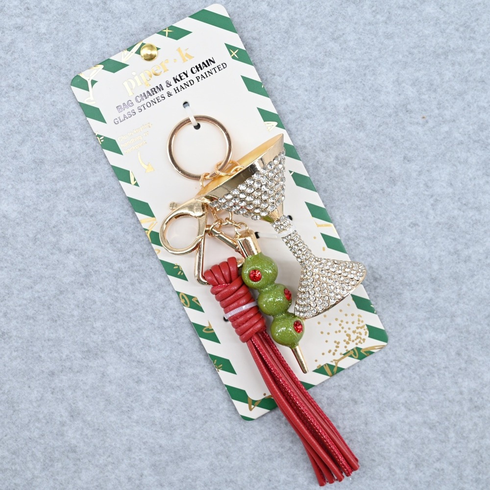 Piper K Martini Glass Olives Bag Charm Key Chain Gold Rhinestone Tassel NEW